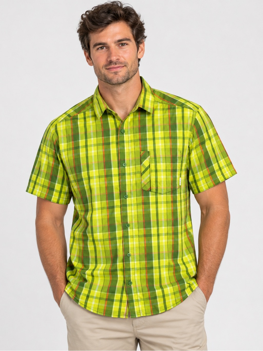 Columbia Omni Wick Men's Lime Green Plaid Short-Sleeve Button-Down Shirt